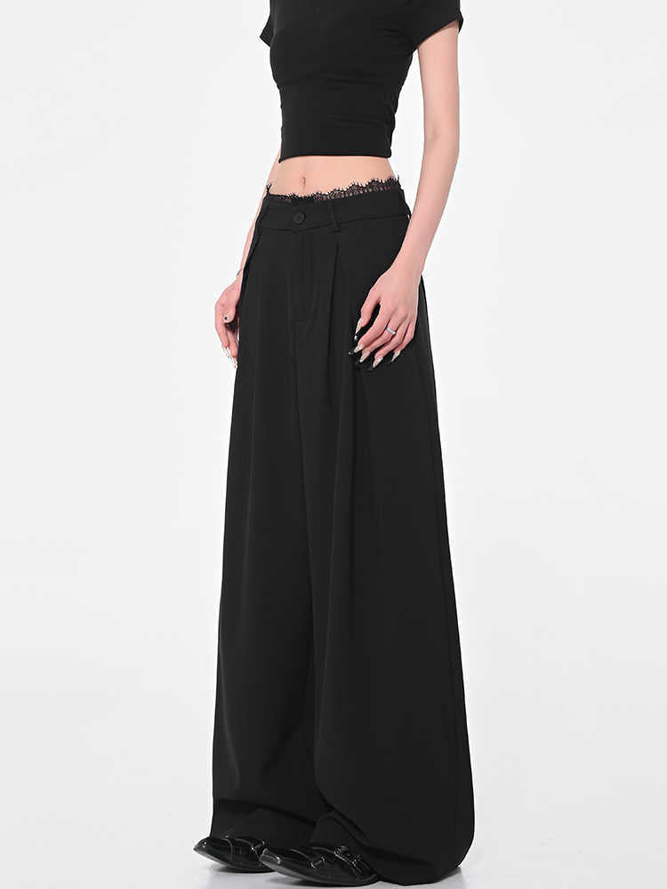 Black Wide-leg Suit Pants Lace Stitching Women's Casual Pants