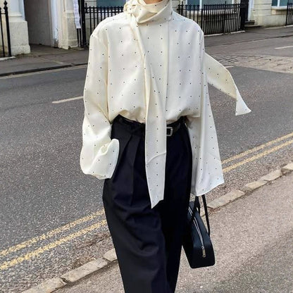 Ribbon Polka-dot Loose-fitting Commuter Long Sleeve Top