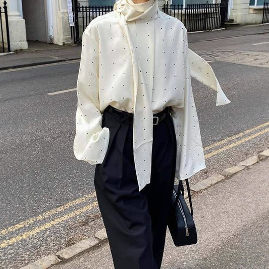 Ribbon Polka-dot Loose-fitting Commuter Long Sleeve Top