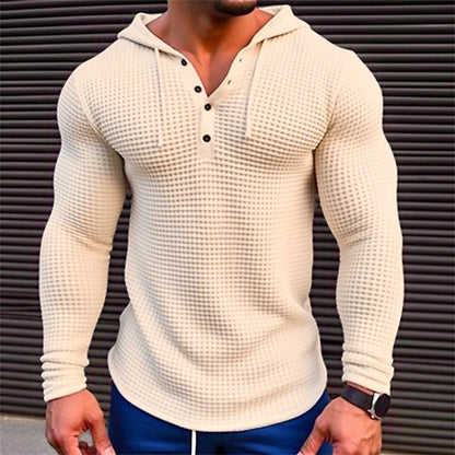 Men's Waffle Button Hoodie T-shirt Top Vacation Long Sleeve Casual Fashion.