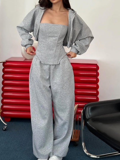 Gray Three-Piece Set With Hooded Jacket, Corset Top And Wide-Leg Pants