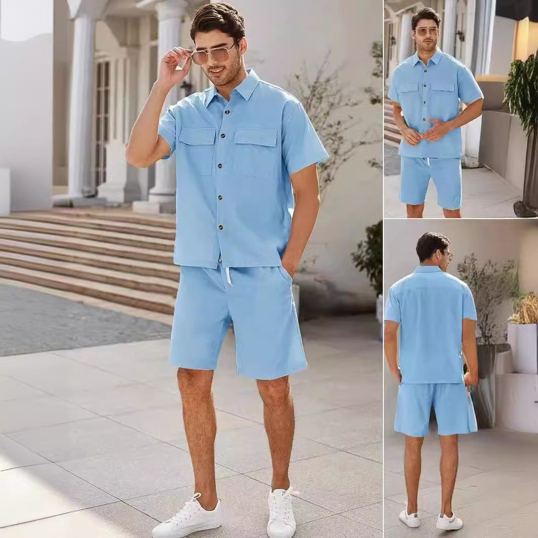 Leisure Luxe Set : Suits Men Short Sleeve Lapel Pockets Shirt And Drawstring Shorts Sports Fashion Leisure Men's Clothing