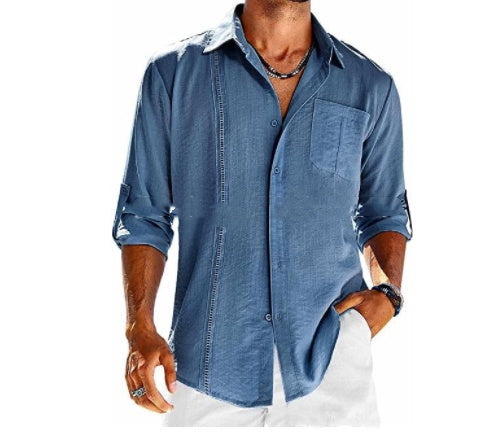 Luxe Lace Collar Button-Up: Casual  Long Sleeve Shirt With Pocket Lace Polo Collar Solid Color Button Mens Clothing