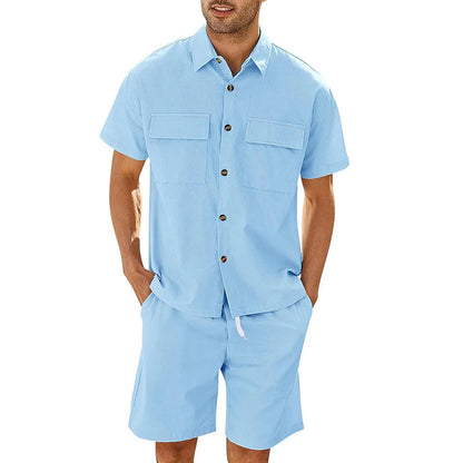 Leisure Luxe Set : Suits Men Short Sleeve Lapel Pockets Shirt And Drawstring Shorts Sports Fashion Leisure Men's Clothing