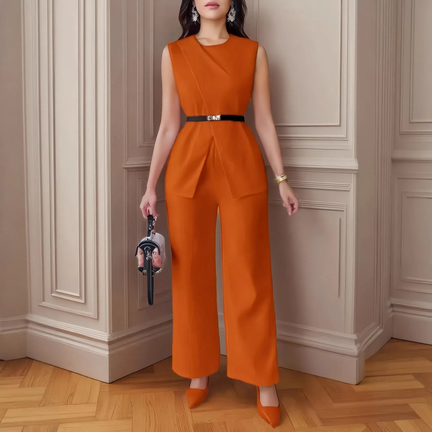 Ärmelloses Oberteil, Gürtel, zweiteiliger Hosenanzug