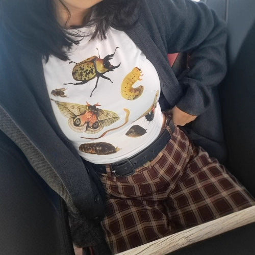 Female Casual Insect Print Midriff-baring Short Sleeve