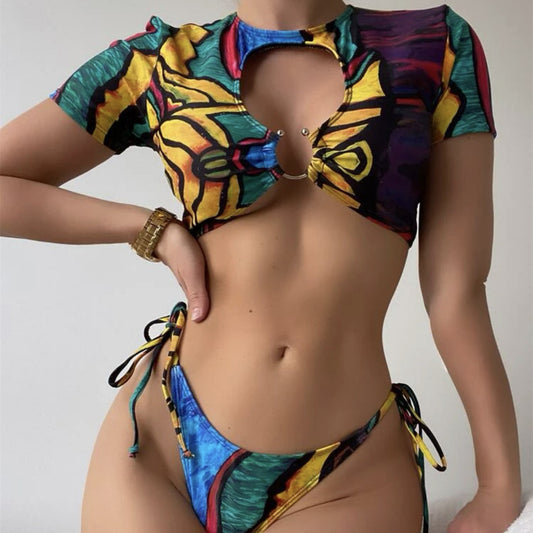 Women's Fashion Print Split Hollow Bikini Swimsuit