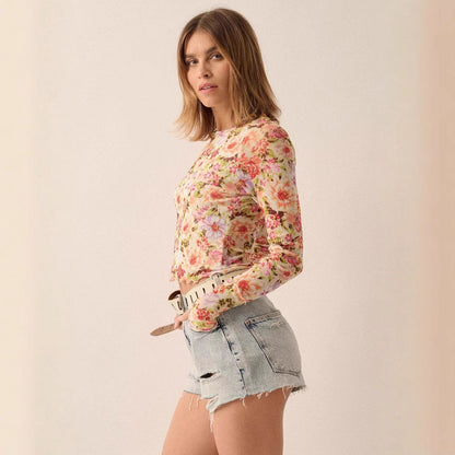 Floral Mesh Round Neck Long Sleeve Mesh Fashion Slim Top