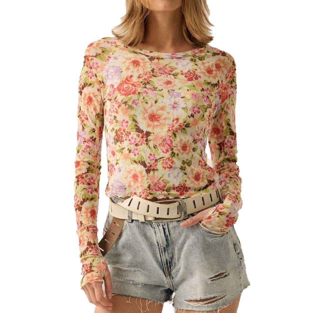Floral Mesh Round Neck Long Sleeve Mesh Fashion Slim Top