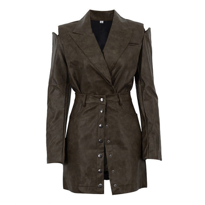 Vintage PU Leather Hollow Out Long Sleeve Top Skirt Suit