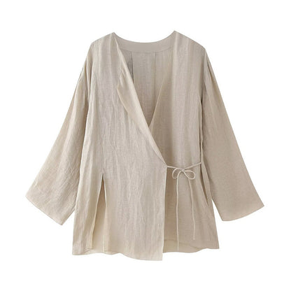 Women's Linen Split Coat Wide Leg Pants Suit