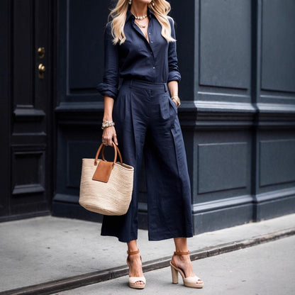 Damenmode Minimalistisches Langarm-Top und lockere, weite Hose im Anzug