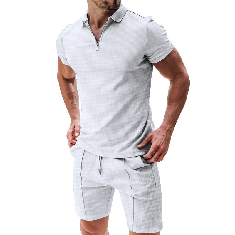 Versatile Weekend Waffle Set: 2Pcs Casual Waffle Suit Summer Zipper Lapel Short-sleeved Top And Drawstring Pockets Shorts Versatile Solid Color T-shirt Set For Mens Clothing