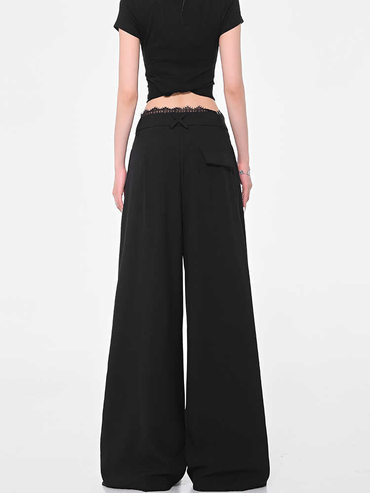 Black Wide-leg Suit Pants Lace Stitching Women's Casual Pants