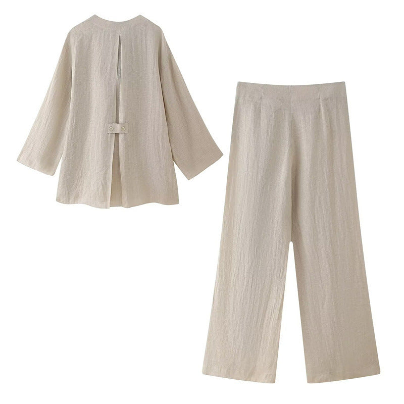 Women's Linen Split Coat Wide Leg Pants Suit