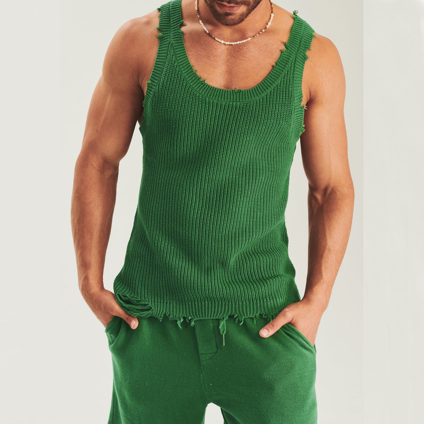 Knitted Essentials Two-Piece Set: Men's Two-piece Knitted Sleeveless Tank Top Shorts