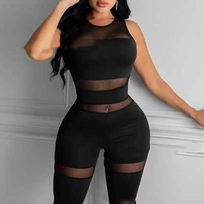 Elegant Black Mesh Stitching Jumpsuit