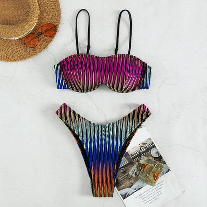 Women's Temperament Fashion Ripple Strip Bikini Split Swimsuit