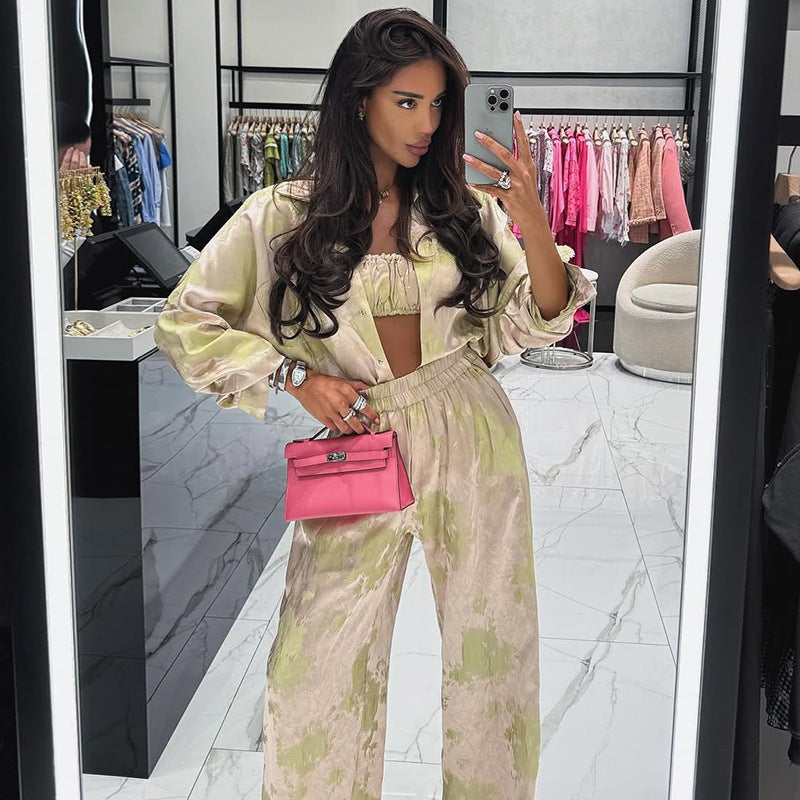 Lapel Long Sleeve Shirt Tube Top Wide Leg Pants Three-piece Set