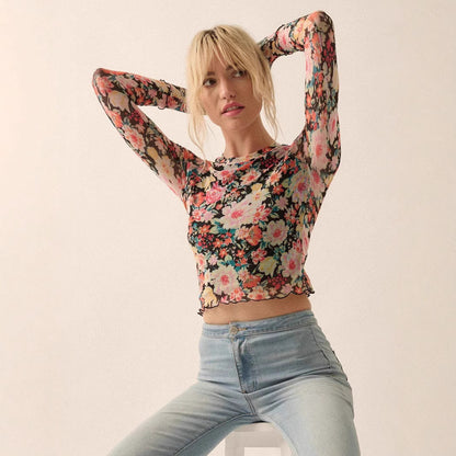 Floral Mesh Round Neck Long Sleeve Mesh Fashion Slim Top