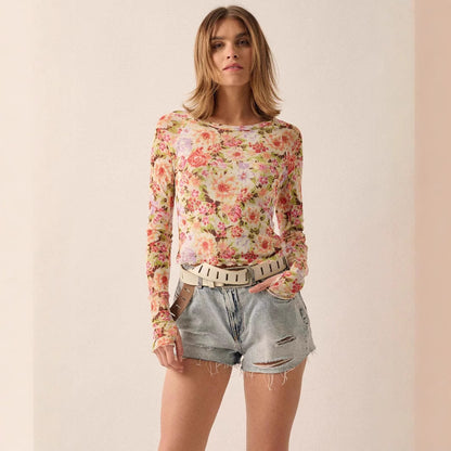 Floral Mesh Round Neck Long Sleeve Mesh Fashion Slim Top