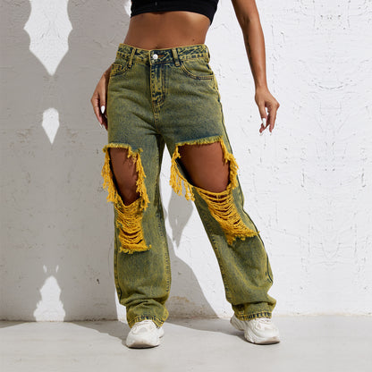 Retro Vibes Split Jeans :Shascullfites Melody Yellow Wash Streetwear Split Loose Straight Jeans Y2K Ripped Retro Women Denim Pants