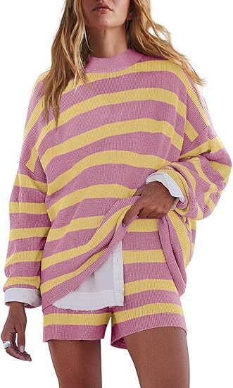 Vibrant Stripes Knitted Two-Piece Set: Women's Knitted Color Matching Suit Striped Long Sleeve