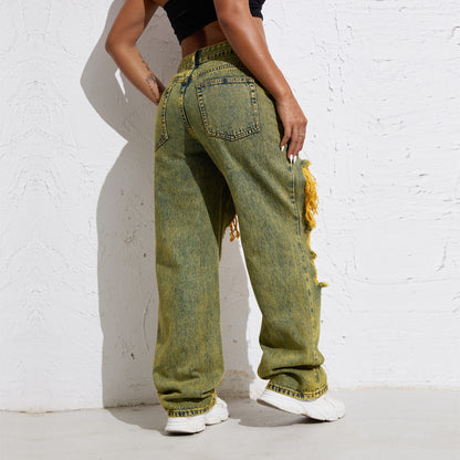 Retro Vibes Split Jeans :Shascullfites Melody Yellow Wash Streetwear Split Loose Straight Jeans Y2K Ripped Retro Women Denim Pants