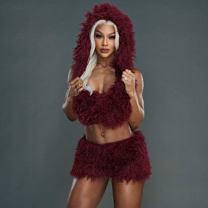 U-neck Hooded Backless Miniskirt Two-piece Suit For Women