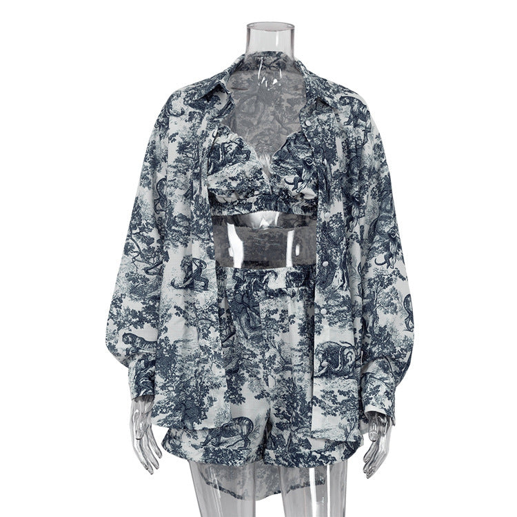 Women's Retro Shirt Suspender Shorts Suit