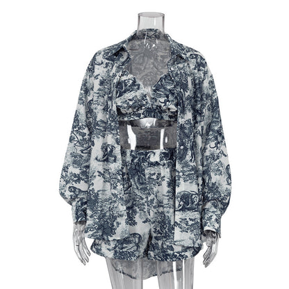 Women's Retro Shirt Suspender Shorts Suit