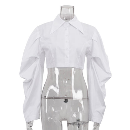 Cotton Lapel Long Sleeves Cropped Shirt