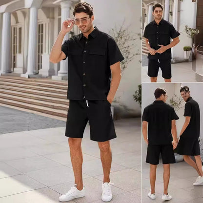 Leisure Luxe Set : Suits Men Short Sleeve Lapel Pockets Shirt And Drawstring Shorts Sports Fashion Leisure Men's Clothing