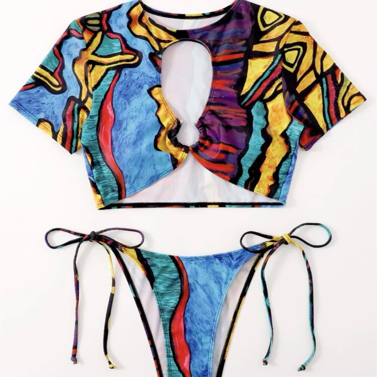 Women's Fashion Print Split Hollow Bikini Swimsuit