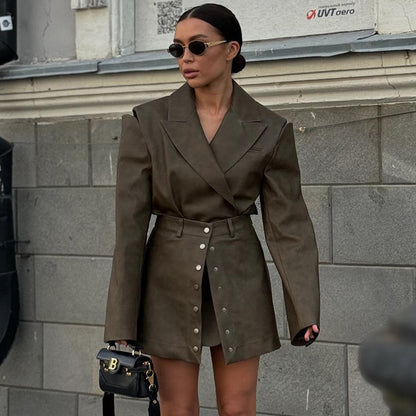 Vintage PU Leather Hollow Out Long Sleeve Top Skirt Suit