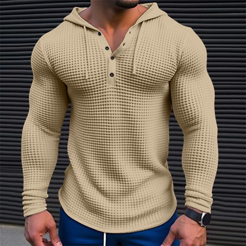 Men's Waffle Button Hoodie T-shirt Top Vacation Long Sleeve Casual Fashion.