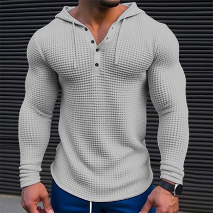 Men's Waffle Button Hoodie T-shirt Top Vacation Long Sleeve Casual Fashion.