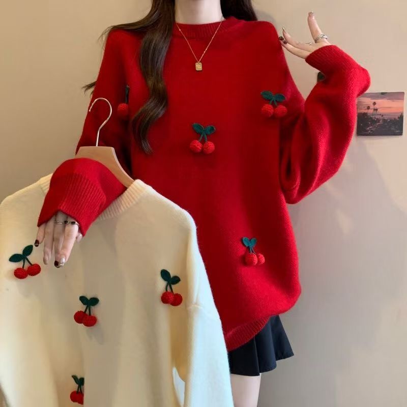 Red Cherry Sweater Women's Fashion Round Neck Pullover Long Sleeve