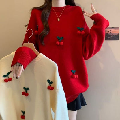 Red Cherry Sweater Women's Fashion Round Neck Pullover Long Sleeve